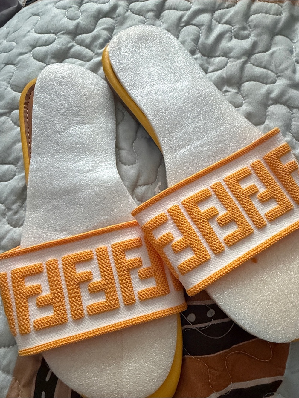 Yellow & White Embroidered Slide Sandals